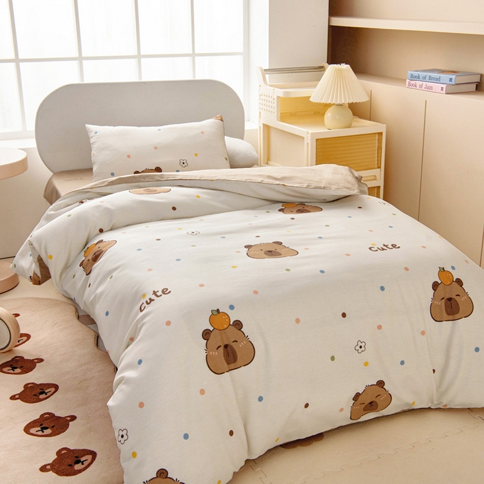 91家纺网 家纺一手货源 找家纺 乐秀家纺 2025新款全棉幼儿园被子三件套卡通纯棉被套被芯六件套 卡皮巴拉