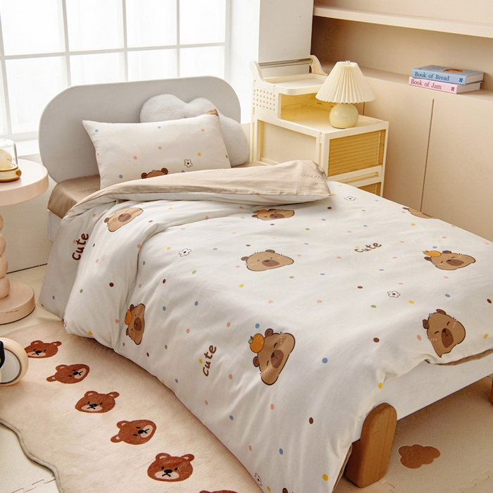 91家纺网 家纺一手货源 找家纺 乐秀家纺 2025新款全棉幼儿园被子三件套卡通纯棉被套被芯六件套 卡皮巴拉