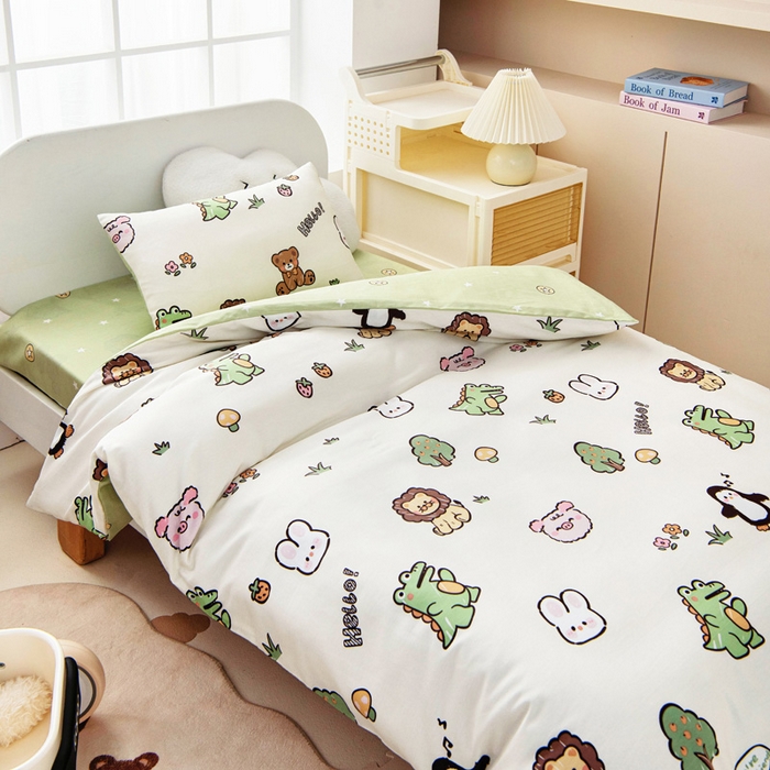 91家纺网 家纺一手货源 找家纺 乐秀家纺 2025新款全棉幼儿园被子三件套卡通纯棉被套被芯六件套 快乐派对