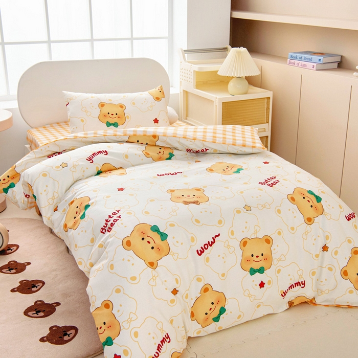 91家纺网 家纺一手货源 找家纺 乐秀家纺 2025新款全棉幼儿园被子三件套卡通纯棉被套被芯六件套 领结小熊