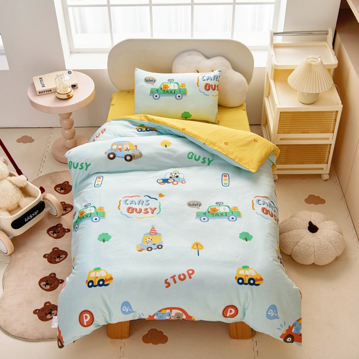 乐秀家纺 2025新款全棉幼儿园被子三件套卡通纯棉被套被芯六件套 趣味巴士