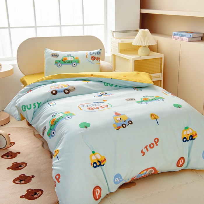 91家纺网 家纺一手货源 找家纺 乐秀家纺 2025新款全棉幼儿园被子三件套卡通纯棉被套被芯六件套 趣味巴士