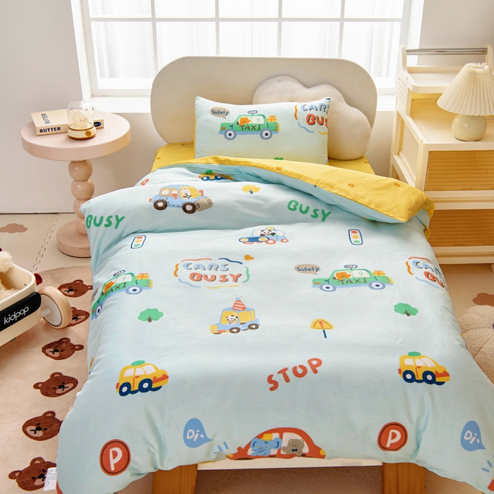 91家纺网 家纺一手货源 找家纺 乐秀家纺 2025新款全棉幼儿园被子三件套卡通纯棉被套被芯六件套 趣味巴士