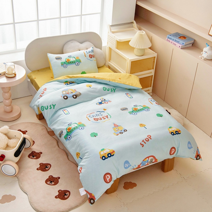 91家纺网 家纺一手货源 找家纺 乐秀家纺 2025新款全棉幼儿园被子三件套卡通纯棉被套被芯六件套 趣味巴士