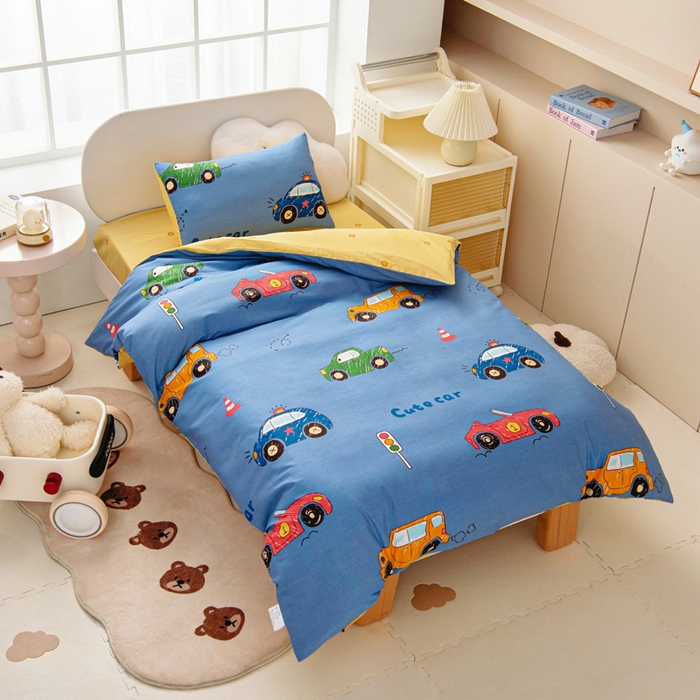 91家纺网 家纺一手货源 找家纺 乐秀家纺 2025新款全棉幼儿园被子三件套卡通纯棉被套被芯六件套 赛车世界