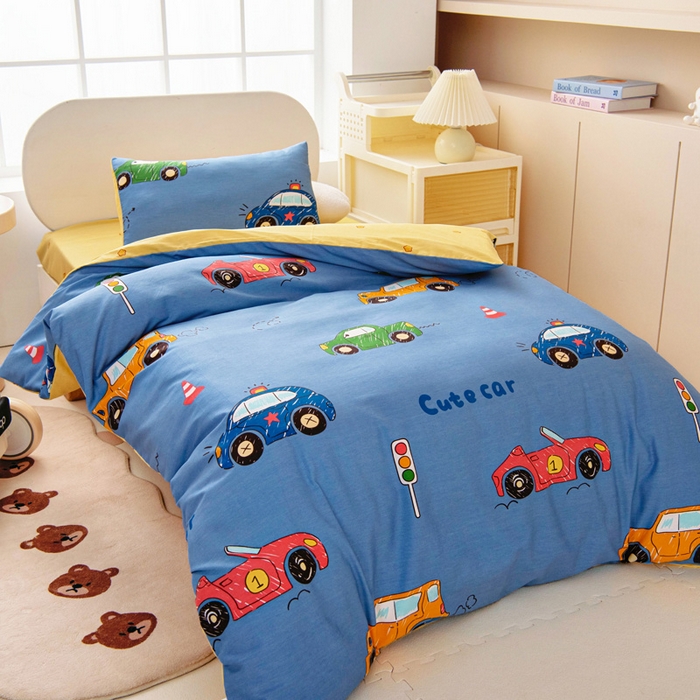 91家纺网 家纺一手货源 找家纺 乐秀家纺 2025新款全棉幼儿园被子三件套卡通纯棉被套被芯六件套 赛车世界