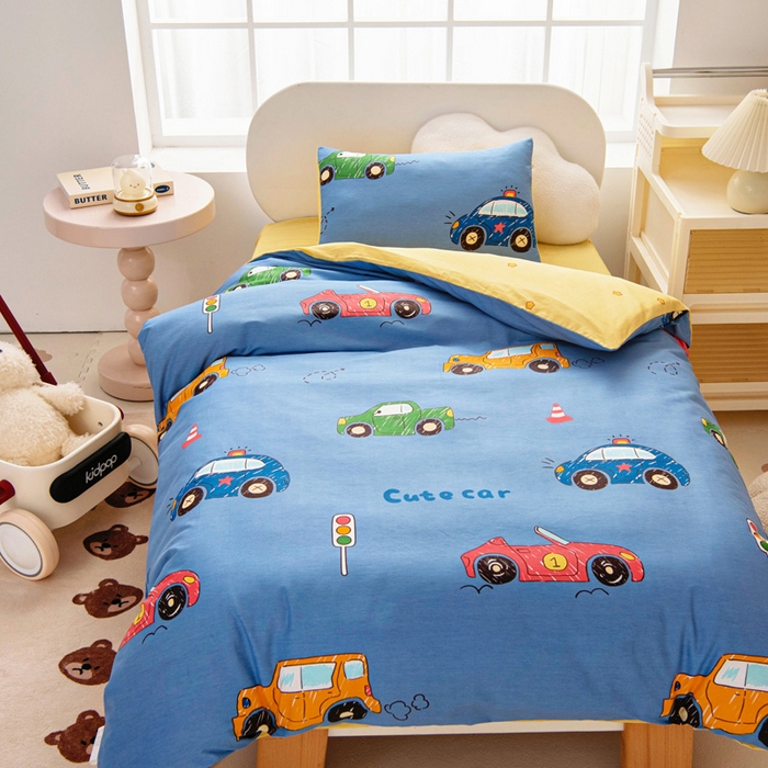 91家纺网 家纺一手货源 找家纺 乐秀家纺 2025新款全棉幼儿园被子三件套卡通纯棉被套被芯六件套 赛车世界