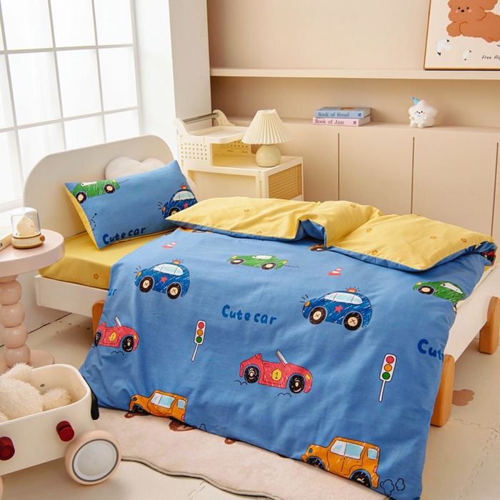 91家纺网 家纺一手货源 找家纺 乐秀家纺 2025新款全棉幼儿园被子三件套卡通纯棉被套被芯六件套 赛车世界