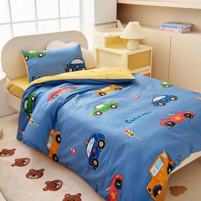 91家纺网 家纺一手货源 找家纺 乐秀家纺 2025新款全棉幼儿园被子三件套卡通纯棉被套被芯六件套 赛车世界