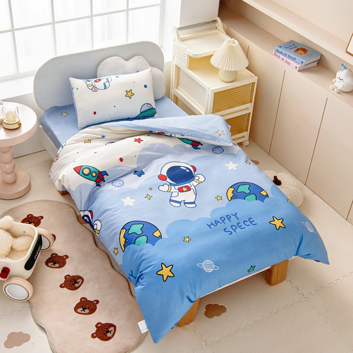 91家纺网 家纺一手货源 找家纺 乐秀家纺 2025新款全棉幼儿园被子三件套卡通纯棉被套被芯六件套 太空卫士