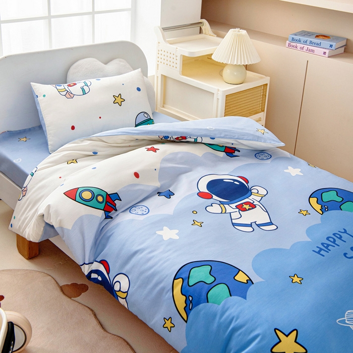 91家纺网 家纺一手货源 找家纺 乐秀家纺 2025新款全棉幼儿园被子三件套卡通纯棉被套被芯六件套 太空卫士