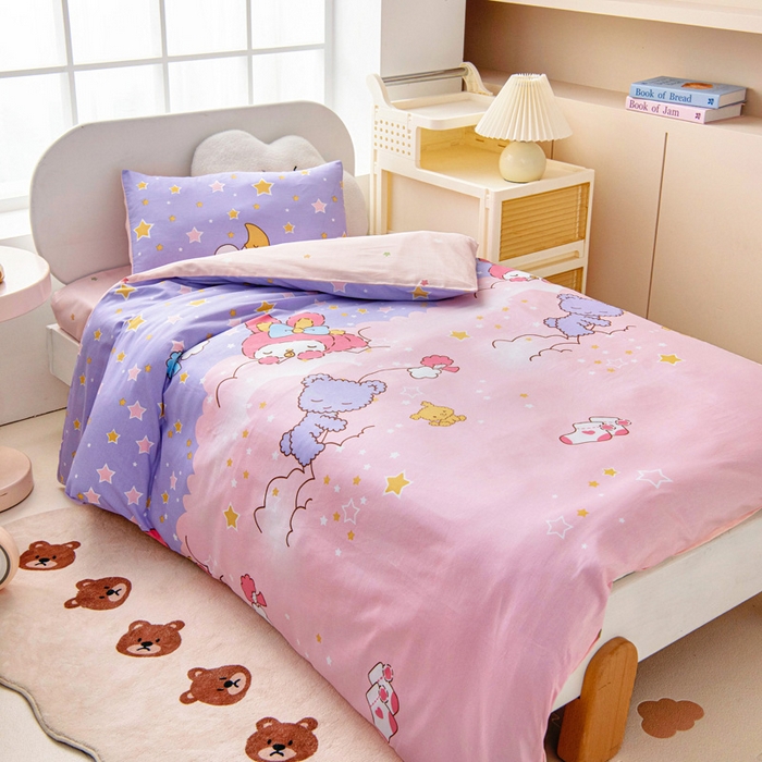 91家纺网 家纺一手货源 找家纺 乐秀家纺 2025新款全棉幼儿园被子三件套卡通纯棉被套被芯六件套 晚安宝贝