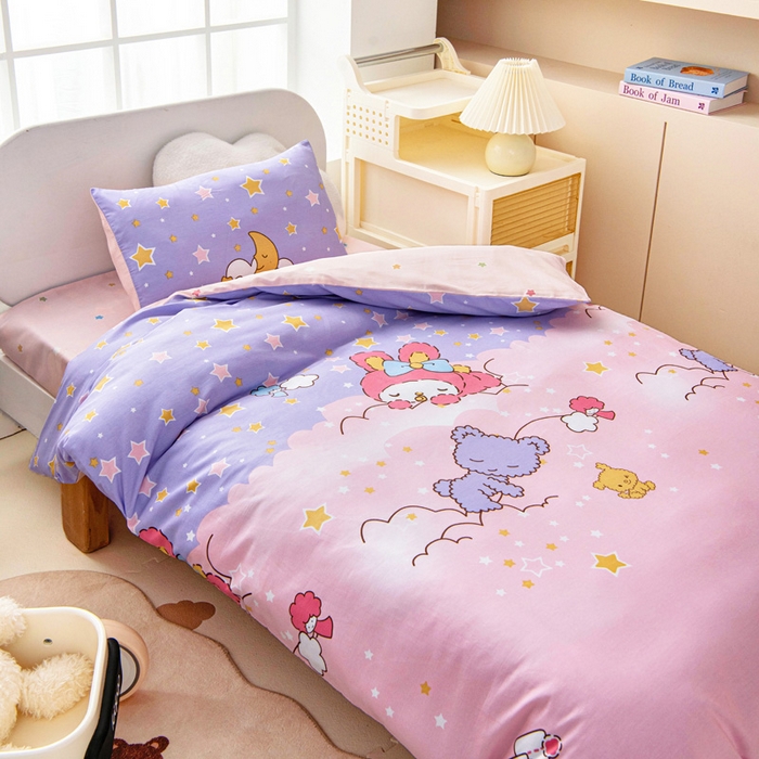 91家纺网 家纺一手货源 找家纺 乐秀家纺 2025新款全棉幼儿园被子三件套卡通纯棉被套被芯六件套 晚安宝贝