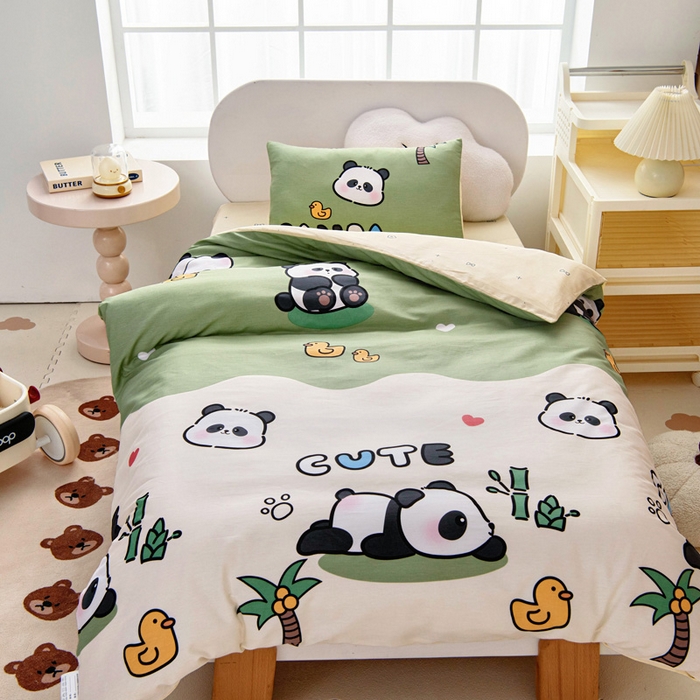 91家纺网 家纺一手货源 找家纺 乐秀家纺 2025新款全棉幼儿园被子三件套卡通纯棉被套被芯六件套 熊猫嬉戏
