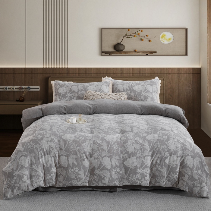 鲁爱家纺供货 2025新款AB版棉麻工艺款四件套 素锦-灰