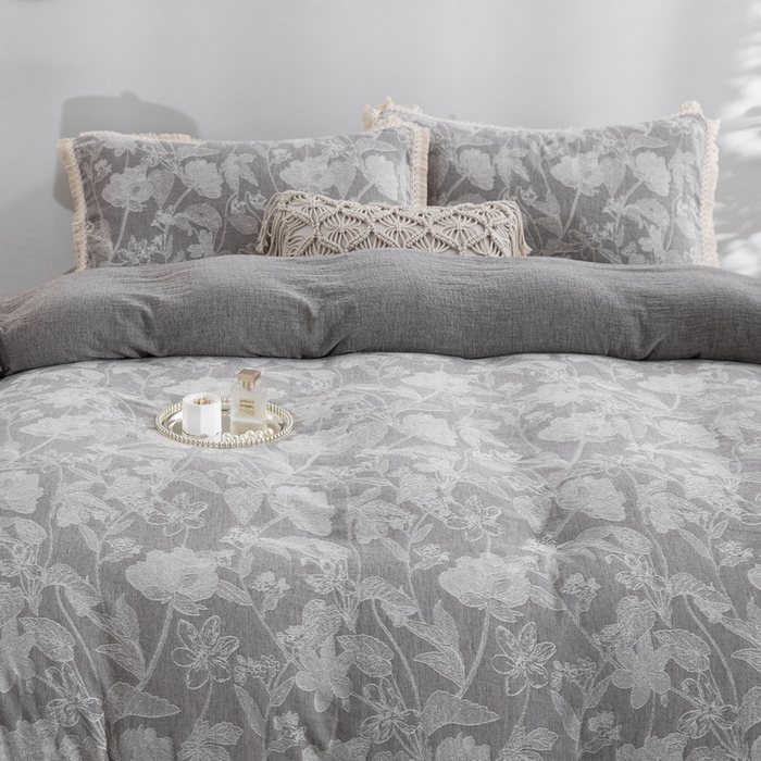 91家纺网 家纺一手货源 找家纺 鲁爱家纺供货 2025新款AB版棉麻工艺款四件套 素锦-灰