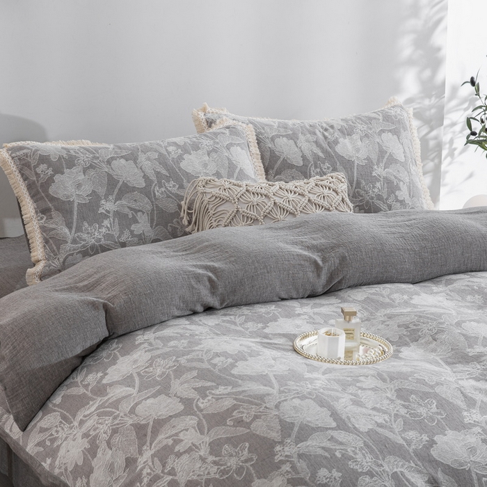 91家纺网 家纺一手货源 找家纺 鲁爱家纺供货 2025新款AB版棉麻工艺款四件套 素锦-灰