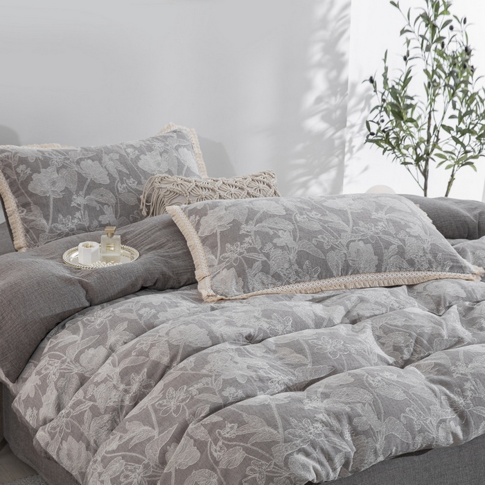 91家纺网 家纺一手货源 找家纺 鲁爱家纺供货 2025新款AB版棉麻工艺款四件套 素锦-灰