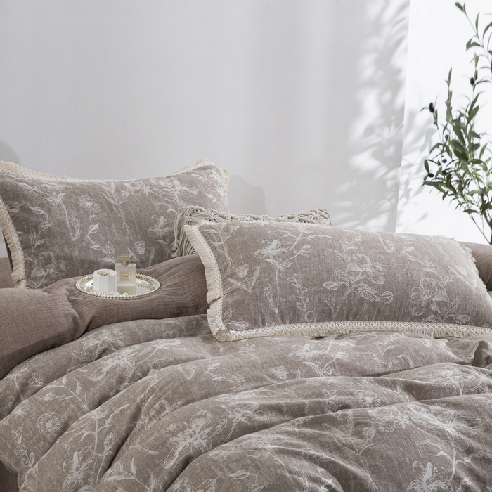 91家纺网 家纺一手货源 找家纺 鲁爱家纺供货 2025新款AB版棉麻工艺款四件套 烟花-咖