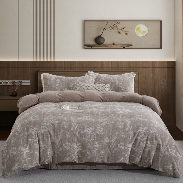 鲁爱家纺供货 2025新款AB版棉麻工艺款四件套 烟花-咖