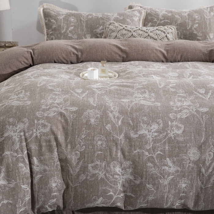 91家纺网 家纺一手货源 找家纺 鲁爱家纺供货 2025新款AB版棉麻工艺款四件套 烟花-咖