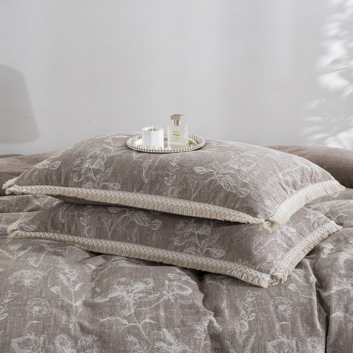 91家纺网 家纺一手货源 找家纺 鲁爱家纺供货 2025新款AB版棉麻工艺款四件套 烟花-咖