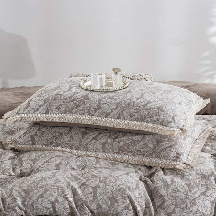 91家纺网 家纺一手货源 找家纺 鲁爱家纺供货 2025新款AB版棉麻工艺款四件套 龟背竹-咖