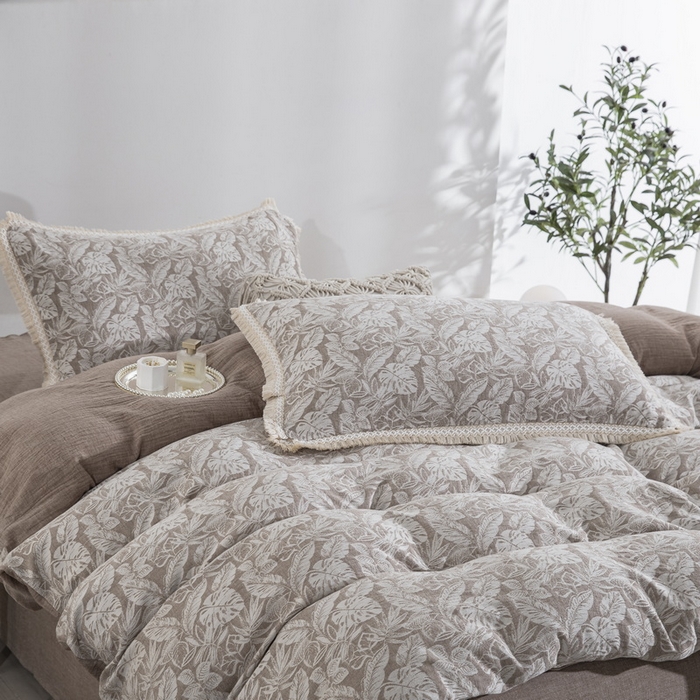 91家纺网 家纺一手货源 找家纺 鲁爱家纺供货 2025新款AB版棉麻工艺款四件套 龟背竹-咖