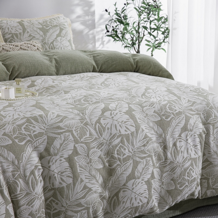 91家纺网 家纺一手货源 找家纺 鲁爱家纺供货 2025新款AB版棉麻工艺款四件套 普拉斯龟背竹-绿