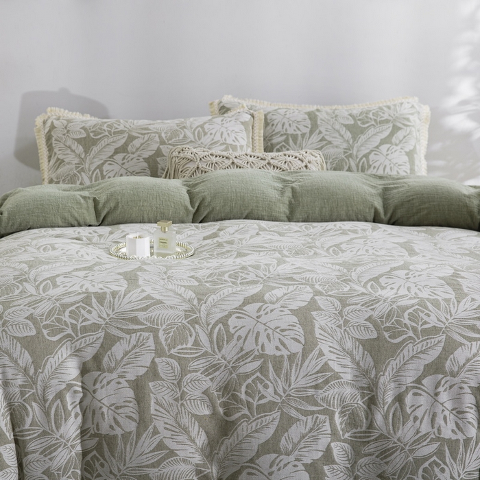 91家纺网 家纺一手货源 找家纺 鲁爱家纺供货 2025新款AB版棉麻工艺款四件套 普拉斯龟背竹-绿