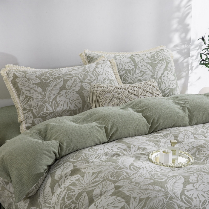 91家纺网 家纺一手货源 找家纺 鲁爱家纺供货 2025新款AB版棉麻工艺款四件套 普拉斯龟背竹-绿