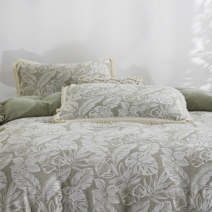 91家纺网 家纺一手货源 找家纺 鲁爱家纺供货 2025新款AB版棉麻工艺款四件套 普拉斯龟背竹-绿