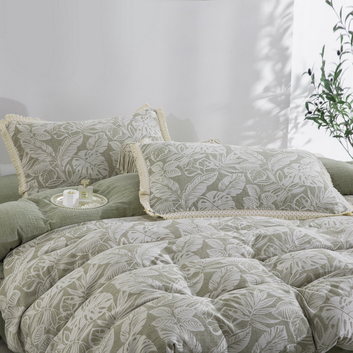 91家纺网 家纺一手货源 找家纺 鲁爱家纺供货 2025新款AB版棉麻工艺款四件套 普拉斯龟背竹-绿