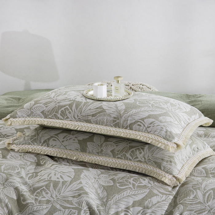 91家纺网 家纺一手货源 找家纺 鲁爱家纺供货 2025新款AB版棉麻工艺款四件套 普拉斯龟背竹-绿