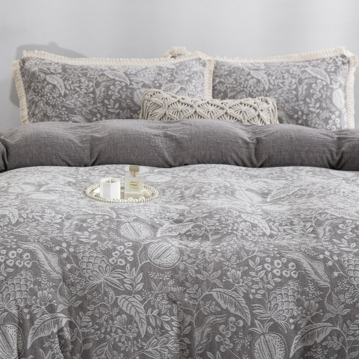 91家纺网 家纺一手货源 找家纺 鲁爱家纺供货 2025新款AB版棉麻工艺款四件套 时来运转-灰