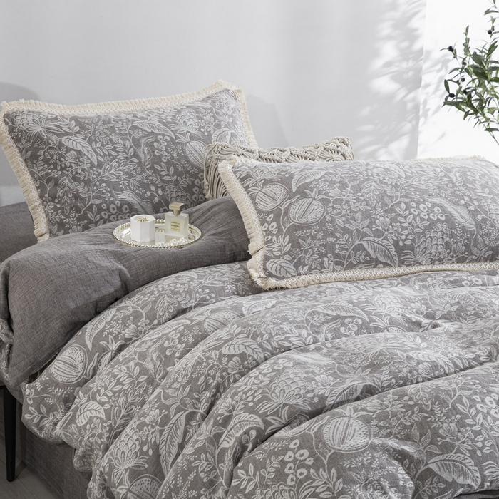 91家纺网 家纺一手货源 找家纺 鲁爱家纺供货 2025新款AB版棉麻工艺款四件套 时来运转-灰