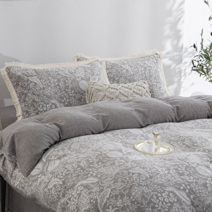 91家纺网 家纺一手货源 找家纺 鲁爱家纺供货 2025新款AB版棉麻工艺款四件套 时来运转-灰