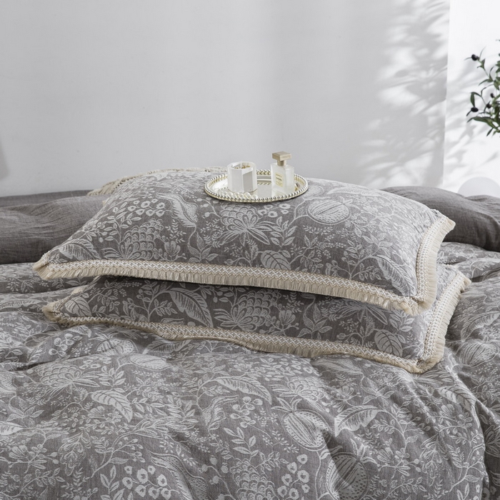 91家纺网 家纺一手货源 找家纺 鲁爱家纺供货 2025新款AB版棉麻工艺款四件套 时来运转-灰