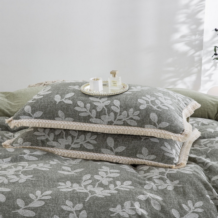 91家纺网 家纺一手货源 找家纺 鲁爱家纺供货 2025新款AB版棉麻工艺款四件套 玉树-灰绿