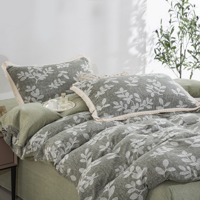 91家纺网 家纺一手货源 找家纺 鲁爱家纺供货 2025新款AB版棉麻工艺款四件套 玉树-灰绿