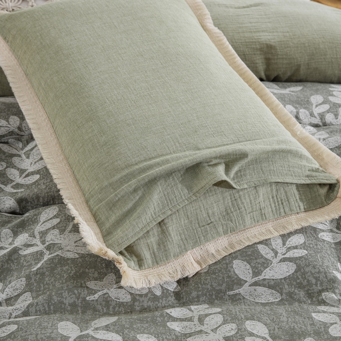 91家纺网 家纺一手货源 找家纺 鲁爱家纺供货 2025新款AB版棉麻工艺款四件套 玉树-灰绿