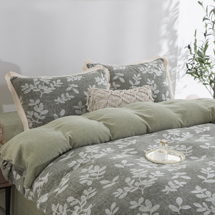 91家纺网 家纺一手货源 找家纺 鲁爱家纺供货 2025新款AB版棉麻工艺款四件套 玉树-灰绿