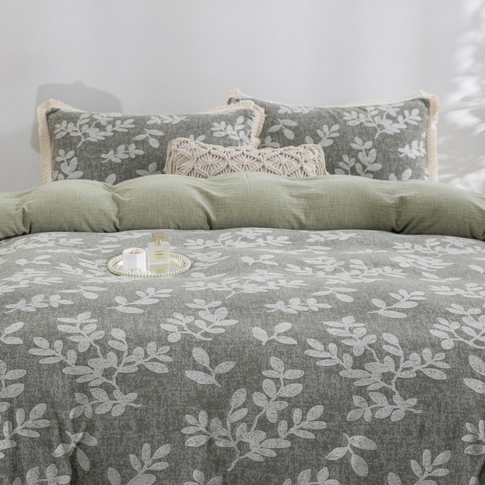 91家纺网 家纺一手货源 找家纺 鲁爱家纺供货 2025新款AB版棉麻工艺款四件套 玉树-灰绿