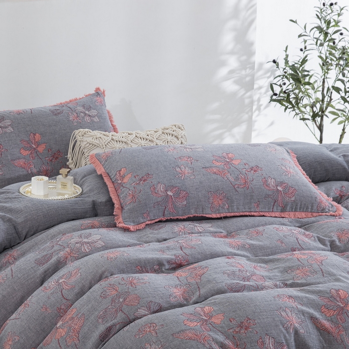 91家纺网 家纺一手货源 找家纺 鲁爱家纺供货 2025新款简易款双层纱四件套（纯跑量） 岁月如歌-粉灰