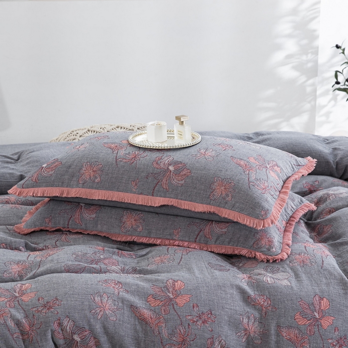 91家纺网 家纺一手货源 找家纺 鲁爱家纺供货 2025新款简易款双层纱四件套（纯跑量） 岁月如歌-粉灰