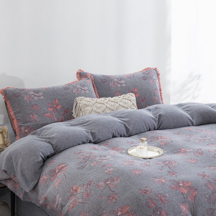 91家纺网 家纺一手货源 找家纺 鲁爱家纺供货 2025新款简易款双层纱四件套（纯跑量） 岁月如歌-粉灰