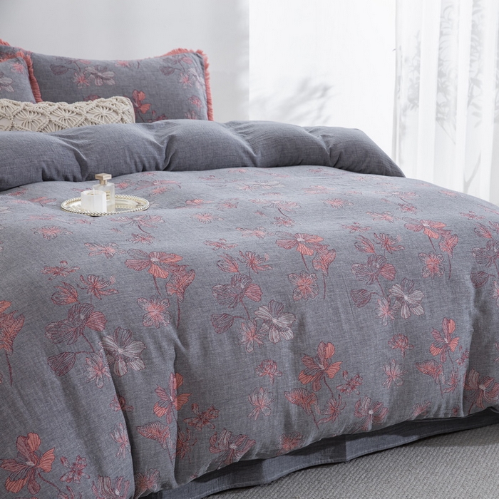 91家纺网 家纺一手货源 找家纺 鲁爱家纺供货 2025新款简易款双层纱四件套（纯跑量） 岁月如歌-粉灰