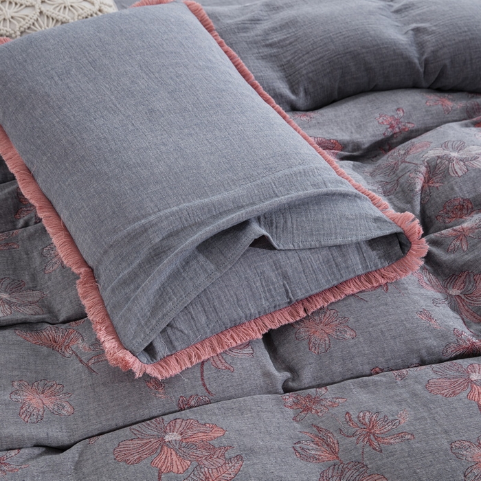 91家纺网 家纺一手货源 找家纺 鲁爱家纺供货 2025新款简易款双层纱四件套（纯跑量） 岁月如歌-粉灰