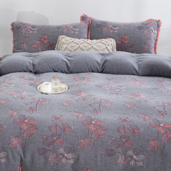 91家纺网 家纺一手货源 找家纺 鲁爱家纺供货 2025新款简易款双层纱四件套（纯跑量） 岁月如歌-粉灰