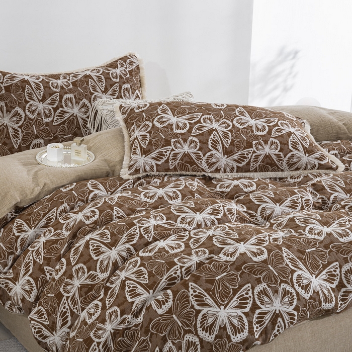 91家纺网 家纺一手货源 找家纺 鲁爱家纺供货 2025新款简易款双层纱四件套（纯跑量） 蝴蝶醉-咖